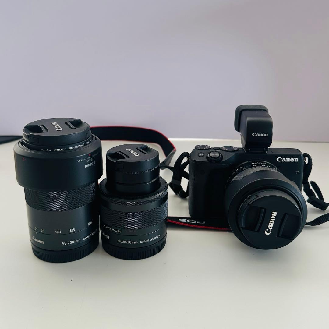 Canon EOS M3 収納ケースセット、望遠レンズ、単焦点レンズ付き