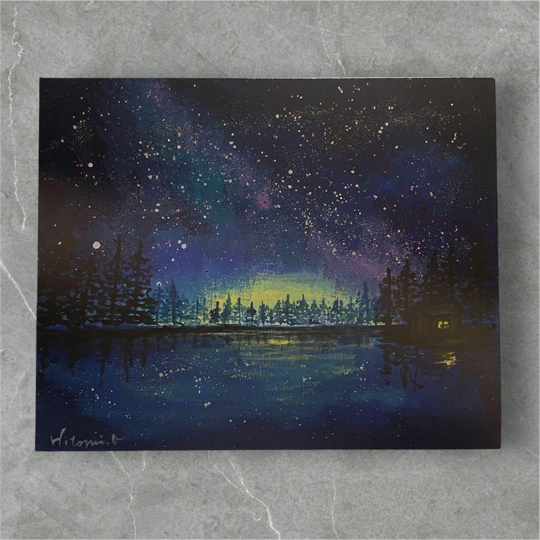 北欧の湖畔の風景画　原画　キャンバス　現代アート　抽象画　夜空