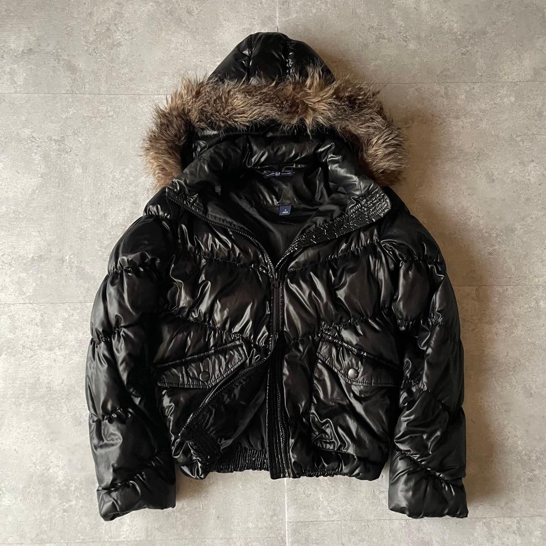 00s GAP ダウンジャケット ファー 黒 光沢 Y2K 平成ギャル お兄系