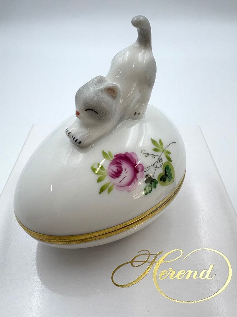 未使用保管品/ヘレンド/ウィーンの薔薇/たまご型ブチネコ　ミニ小物入れ　箱付