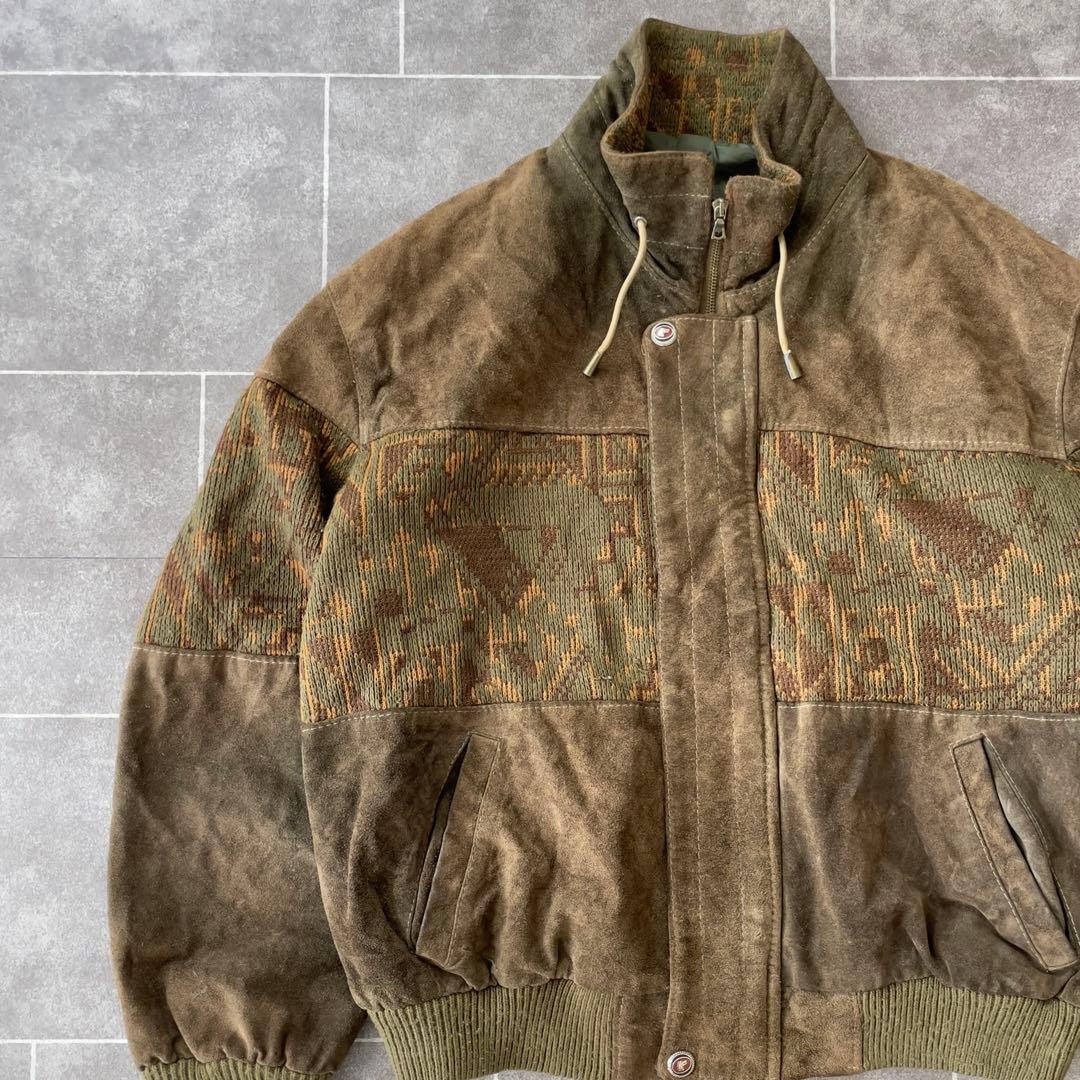 -90s euro 本革 スウェードレザージャケット ニット地切替