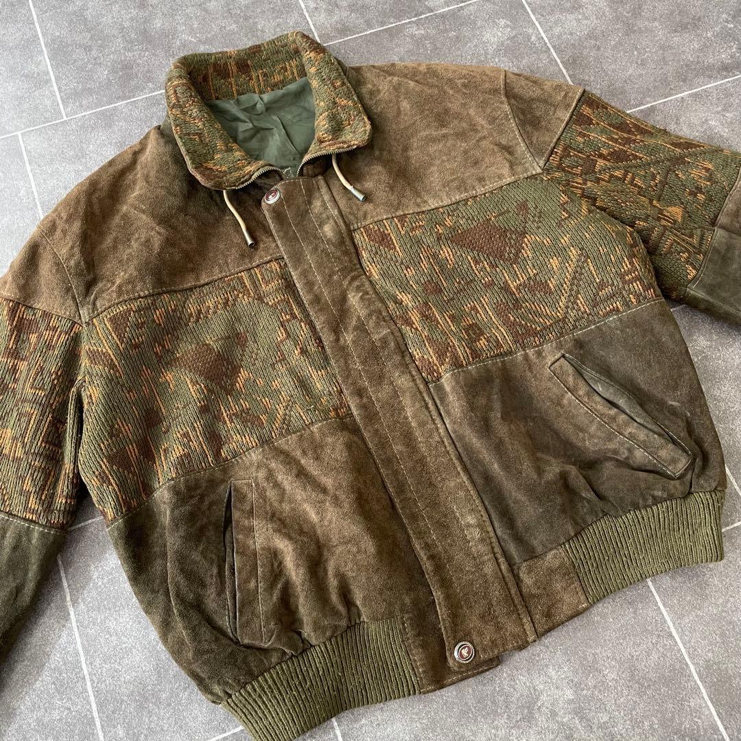 -90s euro 本革 スウェードレザージャケット ニット地切替