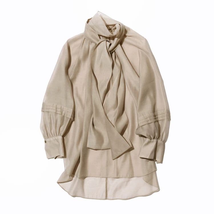 値下げタグ付きオーガンジーリボンブラウス ボウタイブラウス