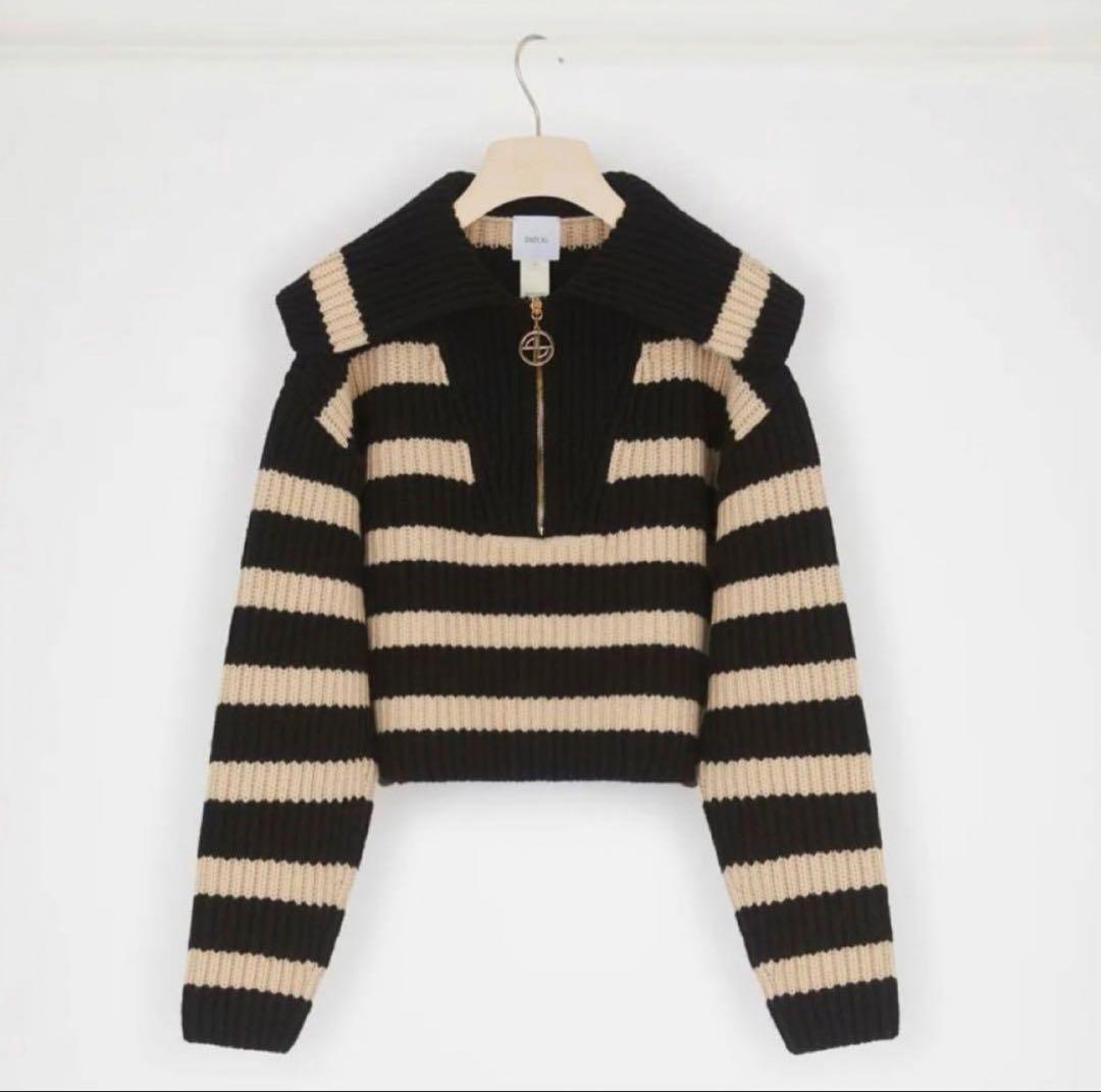 PATOU　ハーフジップニット　メリノウール　ロゴチャーム　ハイネック　ボーダー