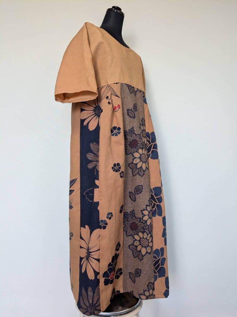 柿渋染め【綿浴衣・晒】M~L　胸元切り替えワンピース　着物リメイク　2044