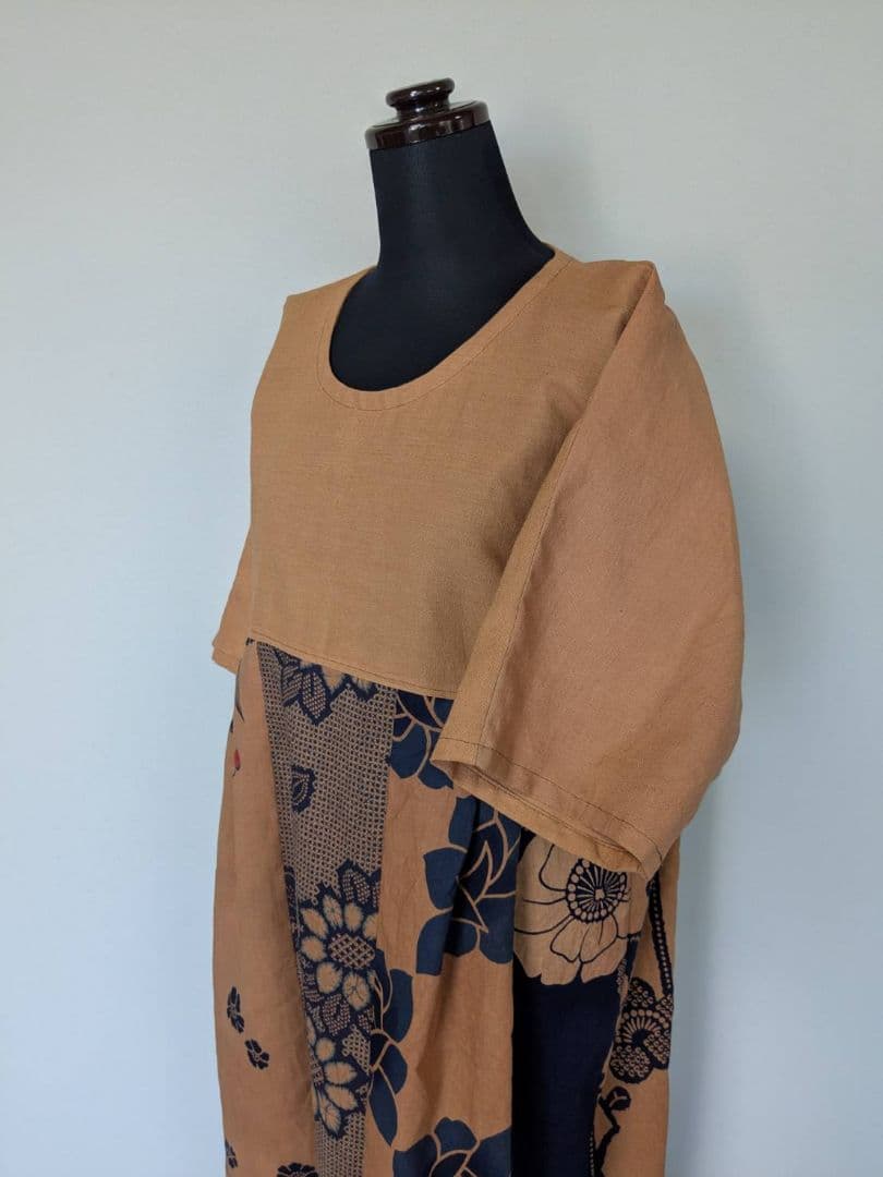 柿渋染め【綿浴衣・晒】M~L　胸元切り替えワンピース　着物リメイク　2044