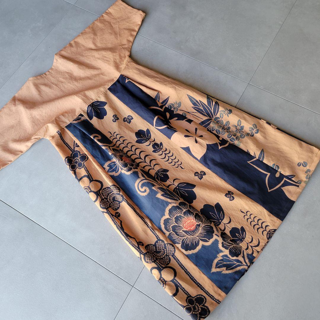 柿渋染め【綿浴衣・晒】M~L　胸元切り替えワンピース　着物リメイク　2044