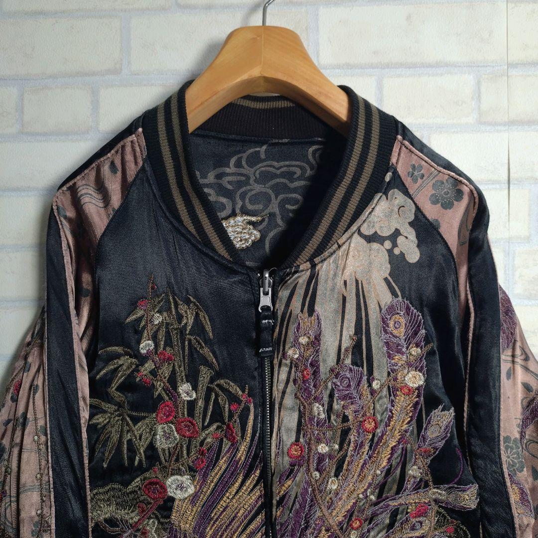 雅結★豪華 刺繍 鳳凰 龍 レーヨン100% リバーシブル スカジャン 黒 L