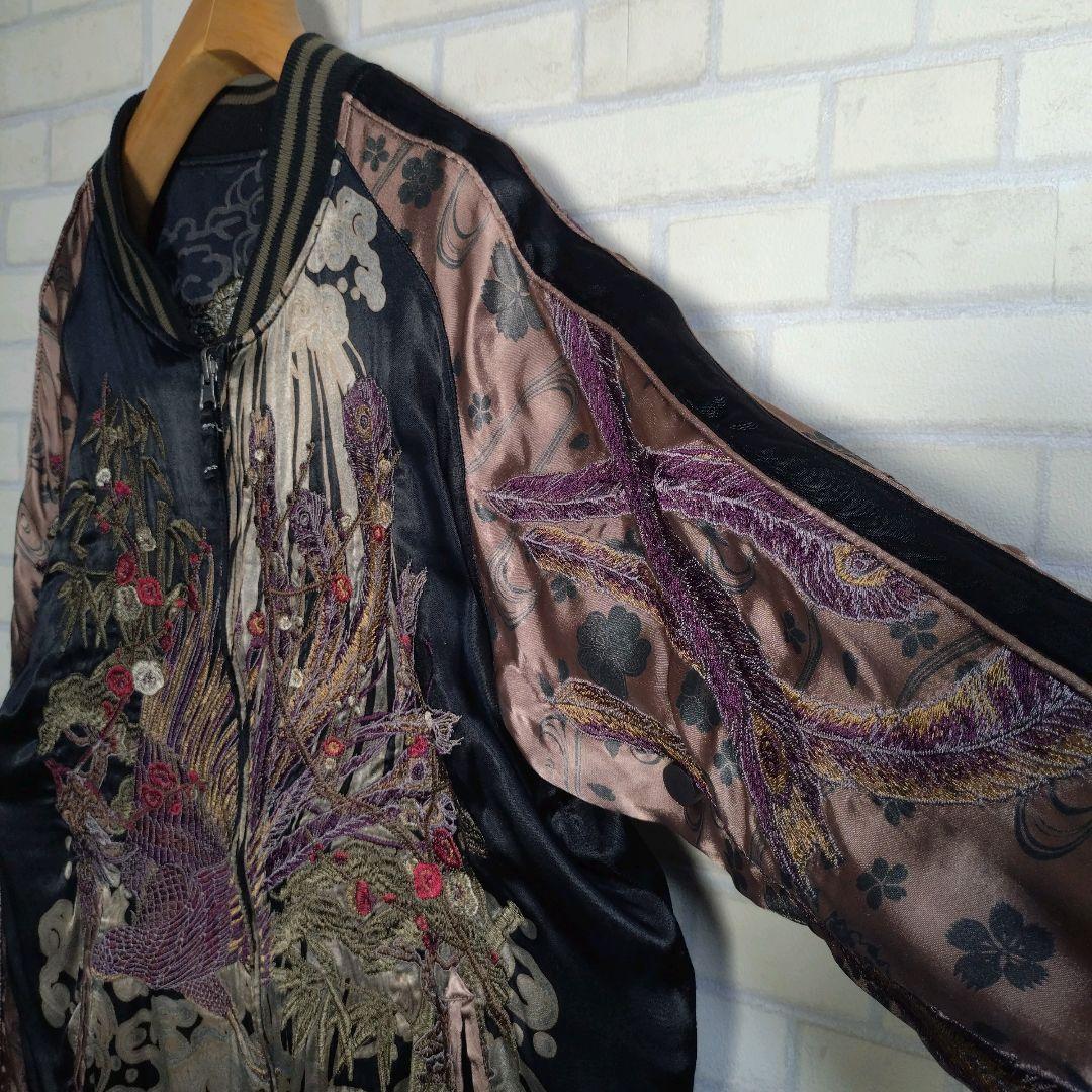 雅結★豪華 刺繍 鳳凰 龍 レーヨン100% リバーシブル スカジャン 黒 L