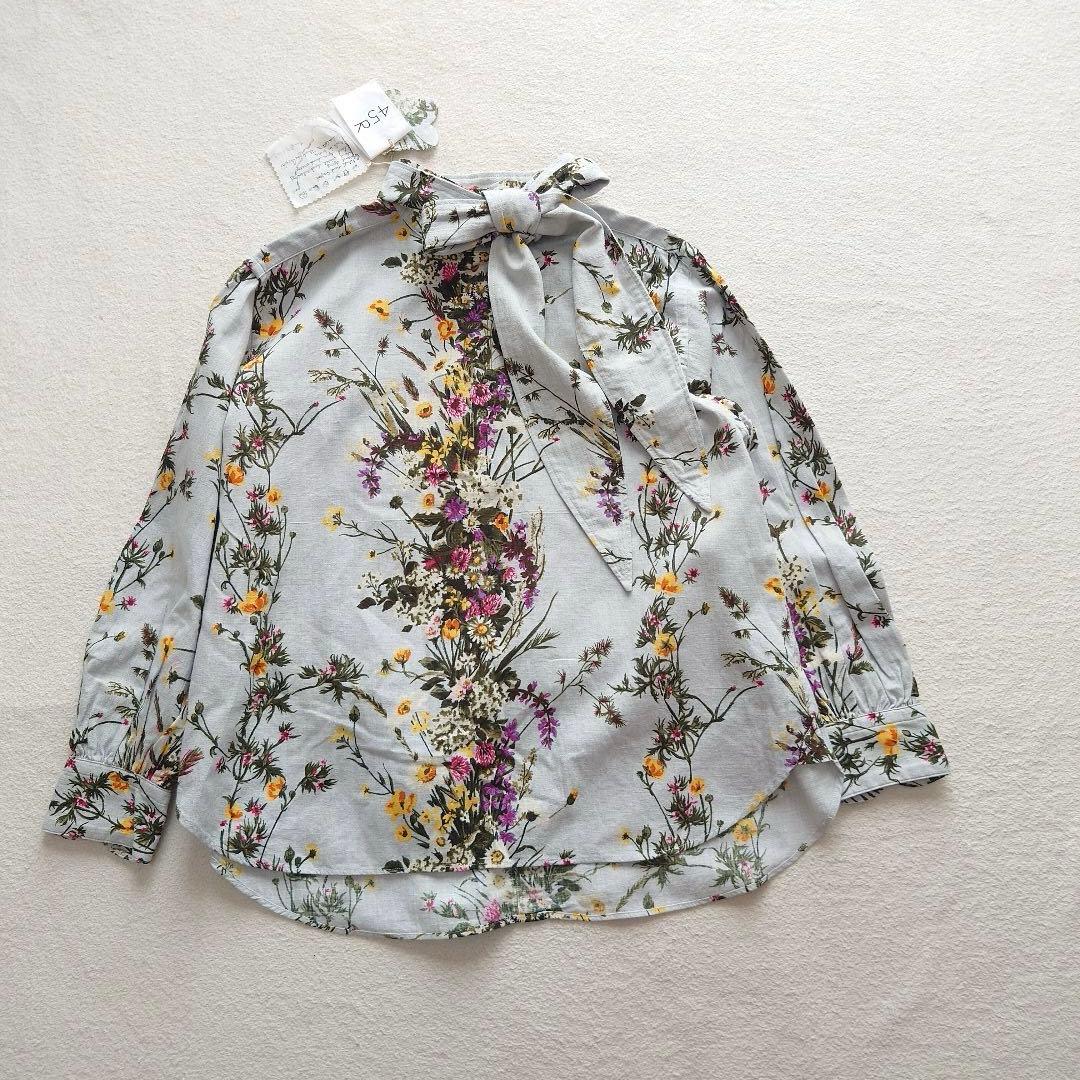 未使用品45R インドカディブーケストライププリントのリボンブラウス 45rpm