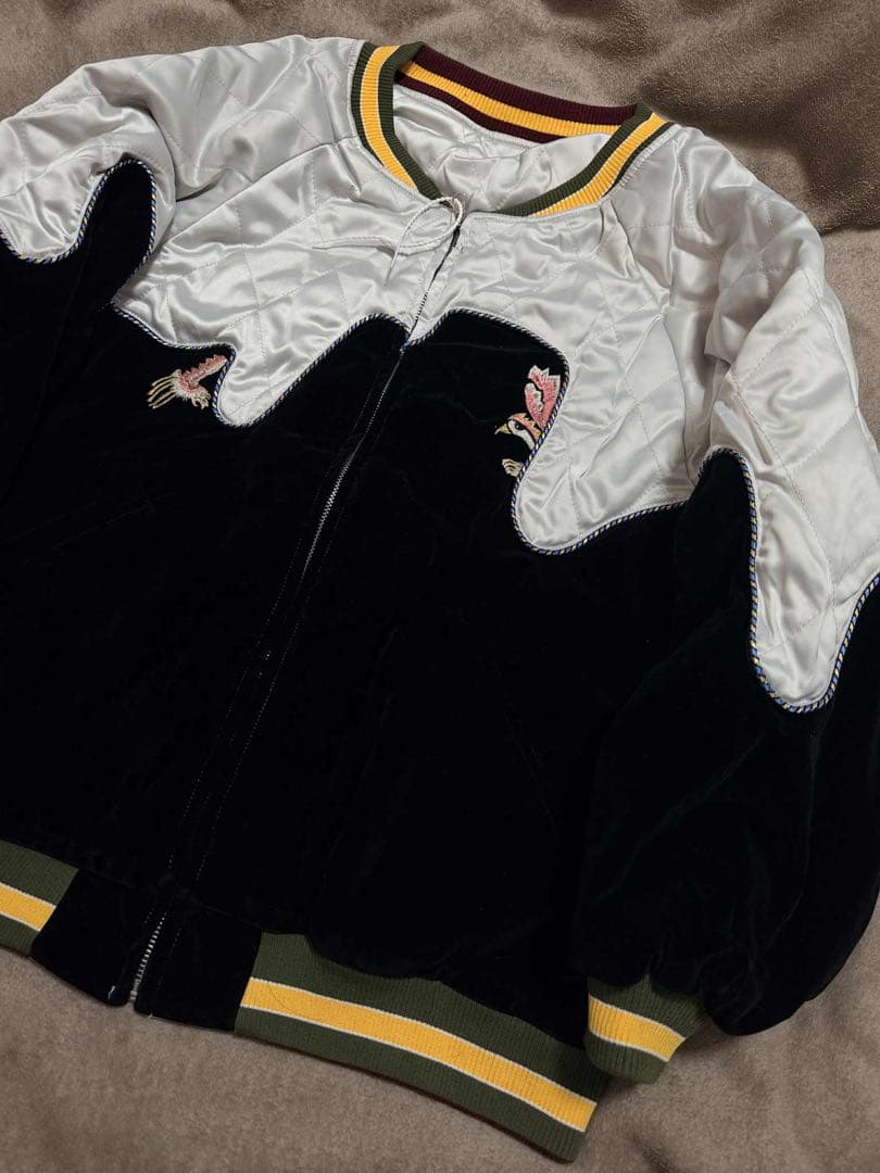 ２面用 未使用 別珍 日本地図 鶴 スカジャン unisex 美品 サテン