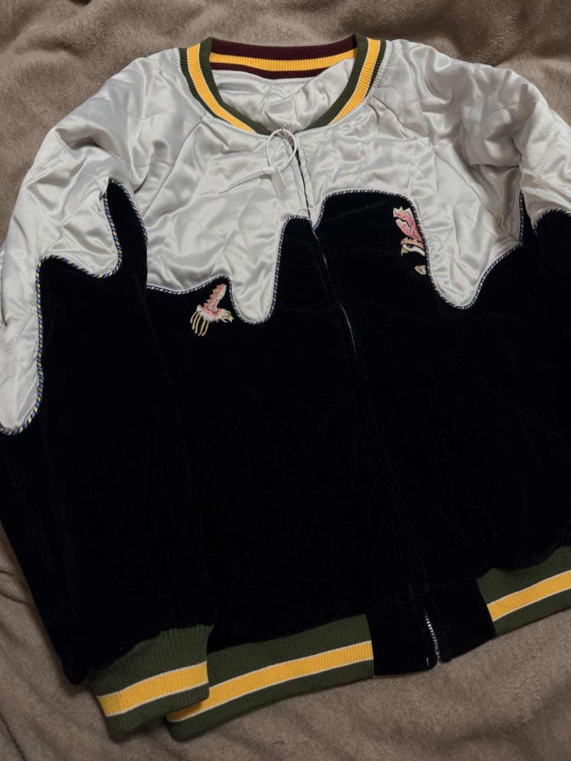 ２面用 未使用 別珍 日本地図 鶴 スカジャン unisex 美品 サテン