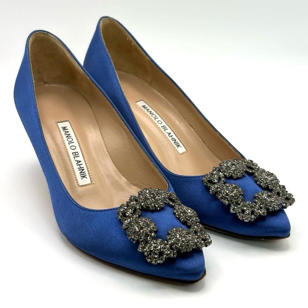 【美品】マノロブラニク　ハンギシ　ロイヤルブルー　サテンパンプス