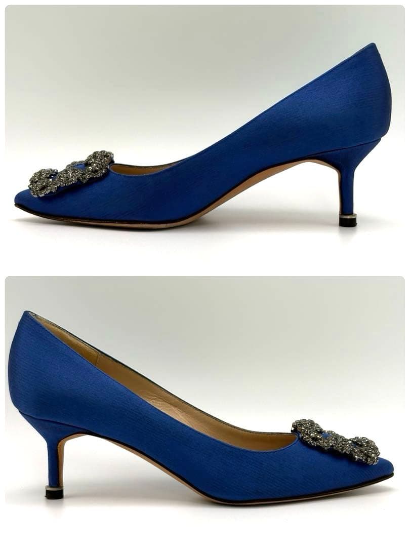 【美品】マノロブラニク　ハンギシ　ロイヤルブルー　サテンパンプス