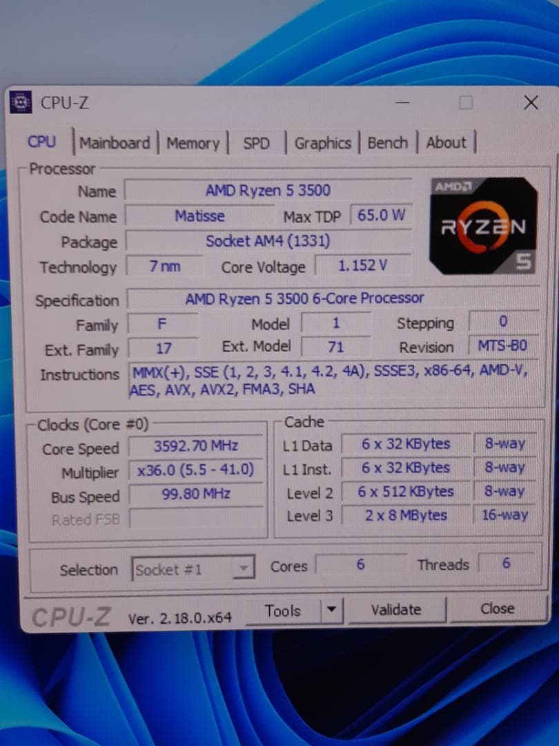 自作PC　RYZEN5 3500・8GB・128GB・GT520・WIN11