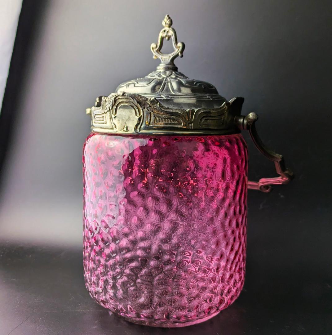 大型24㎝！仏アンティーク オルモル技法ガラス ルージュ クッキージャー