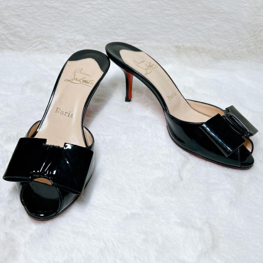 極美品☆箱保存袋付☆クリスチャンルブタン ミュール ブラック エナメル リボン