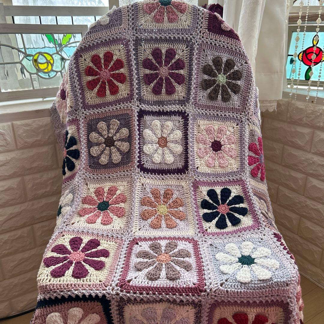 デイジー お花のモチーフ編み マルチカバー ブラケット コットン モーブカラー