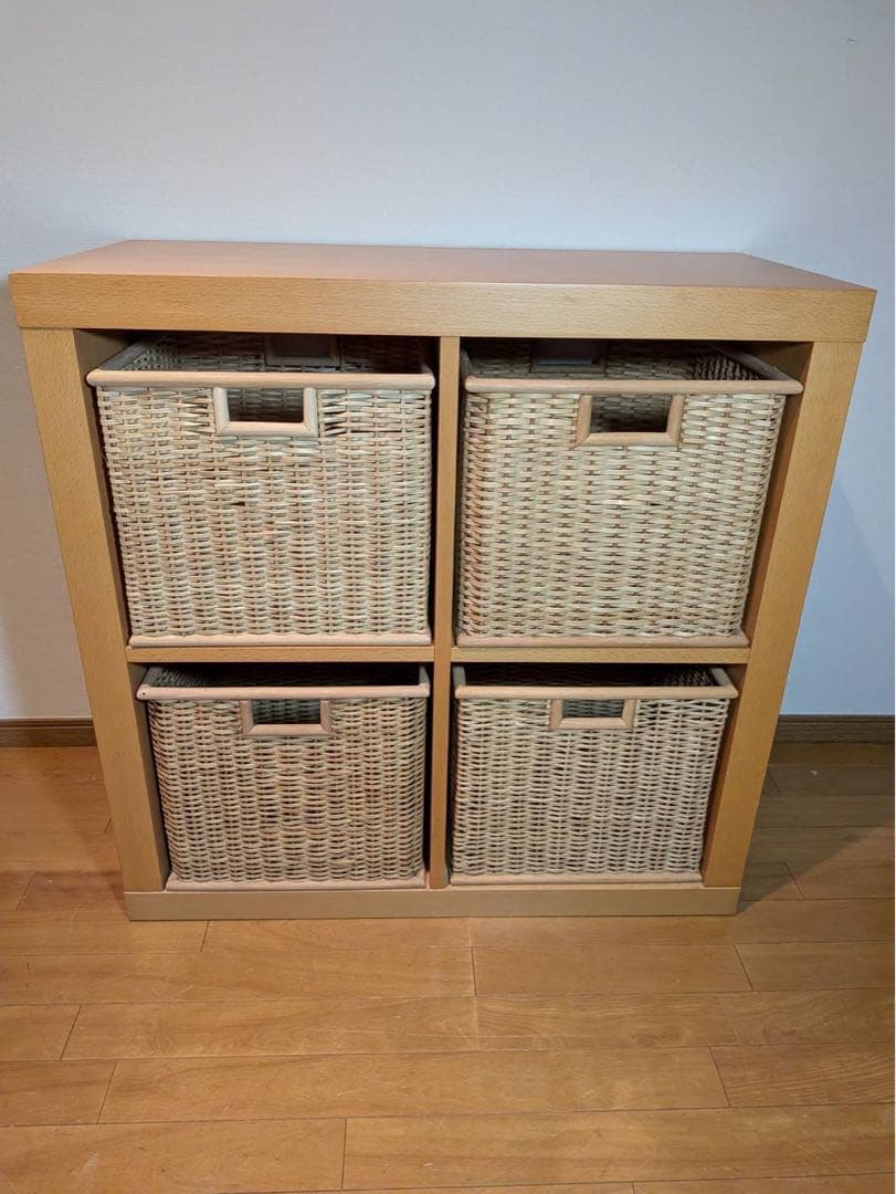 ■送料込■無印良品 オープンシェルフ 木製棚 スタッキング 収納カゴ付きラタン