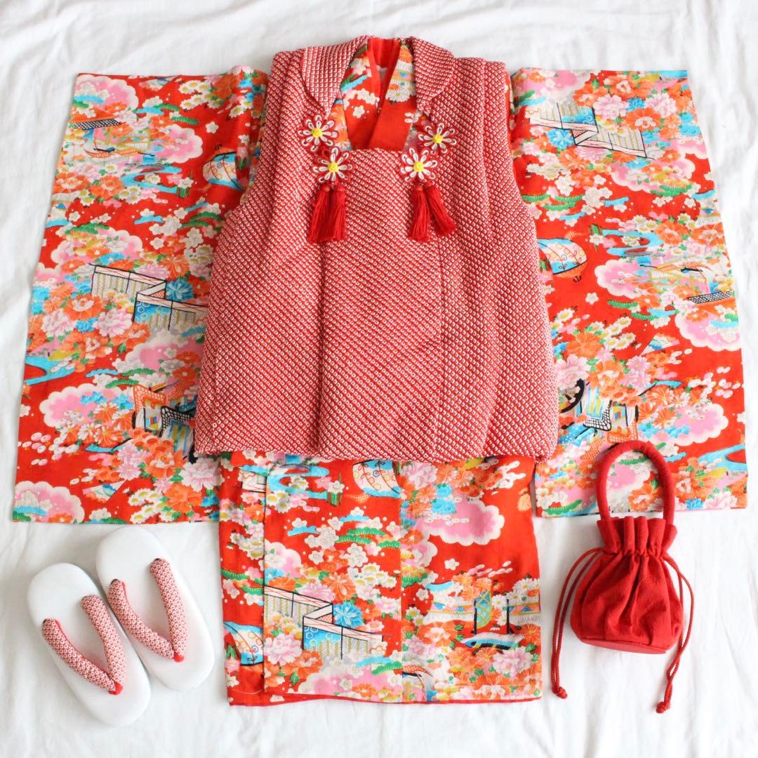 七五三 3歳 女の子 子供 アンティーク 着物 総絞り 被布 セット