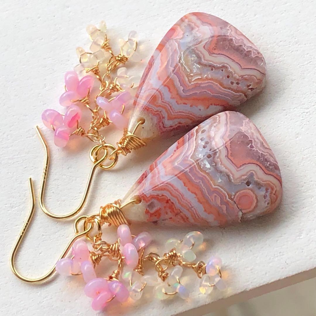 天然石♡レア♡ピンククレイジーレースアゲートのピアス14kgf