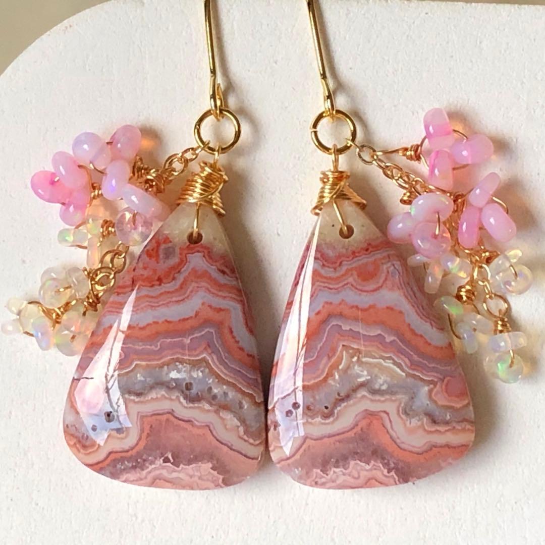 天然石♡レア♡ピンククレイジーレースアゲートのピアス14kgf