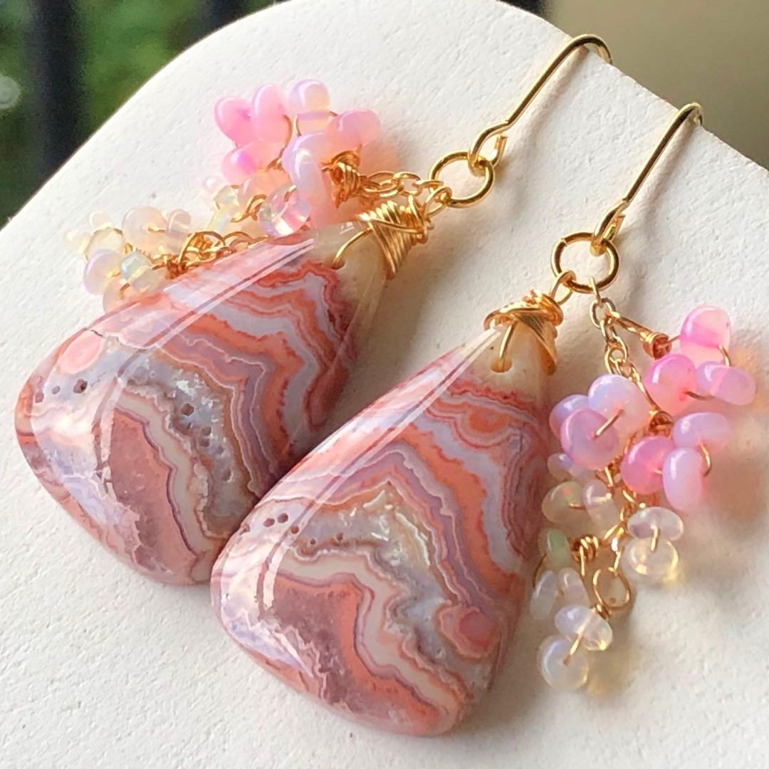 天然石♡レア♡ピンククレイジーレースアゲートのピアス14kgf