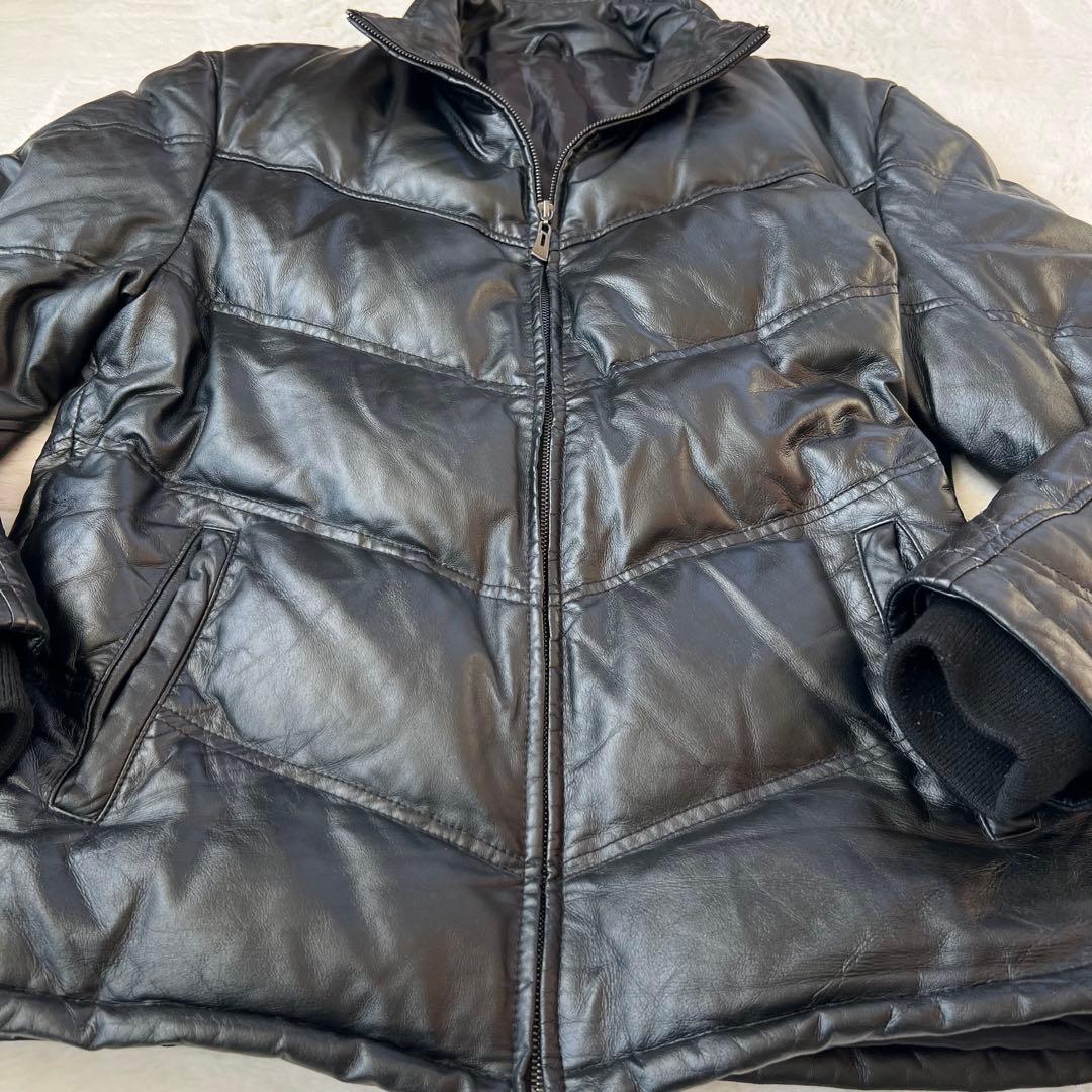 良品 ✨シープスキン　羊革 V字キルト レザーダウンジャケット LL 本革 希少