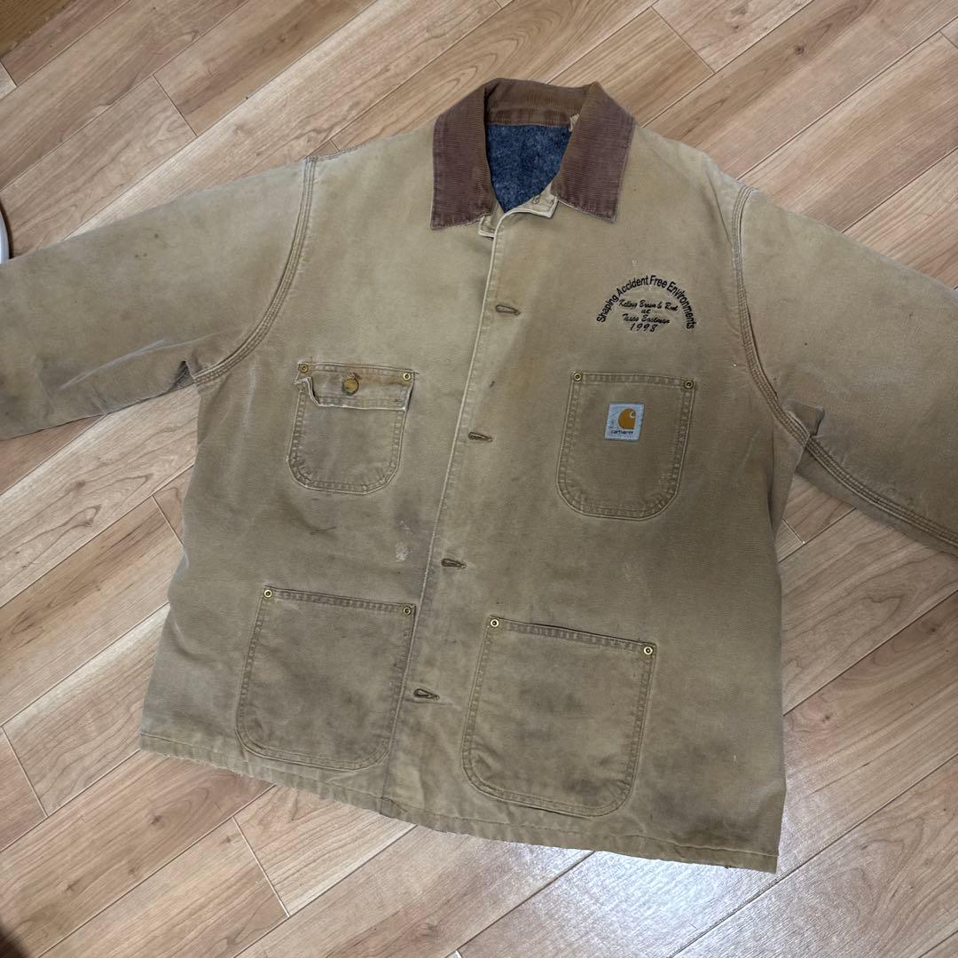 カーハート ダックジャケット　カバーオール　企業刺繍　薄茶