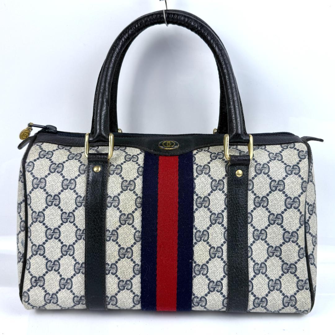 オールドグッチ ミニボストンバッグ GGスプリーム シェリーライン 紺色