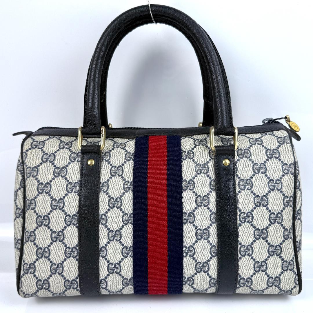 オールドグッチ ミニボストンバッグ GGスプリーム シェリーライン 紺色