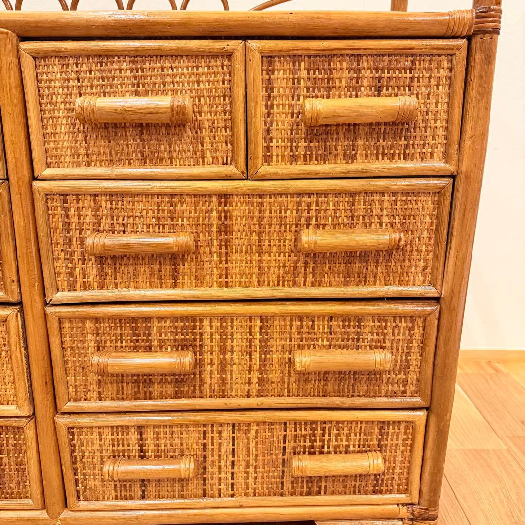アンティーク ラタン 籐 ワイド ローチェスト 棚 10杯 テレビ台 昭和レトロ