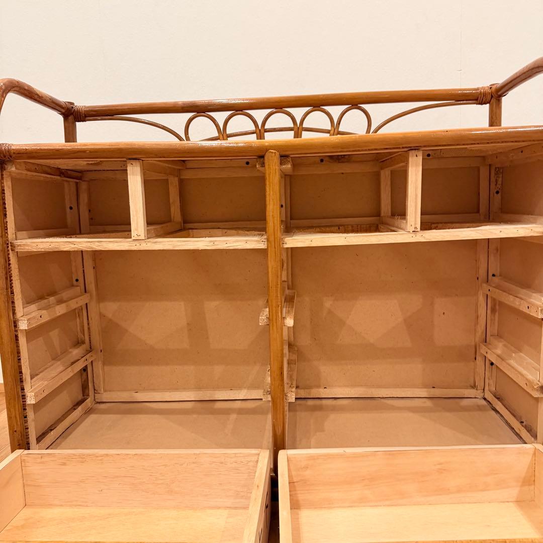 アンティーク ラタン 籐 ワイド ローチェスト 棚 10杯 テレビ台 昭和レトロ