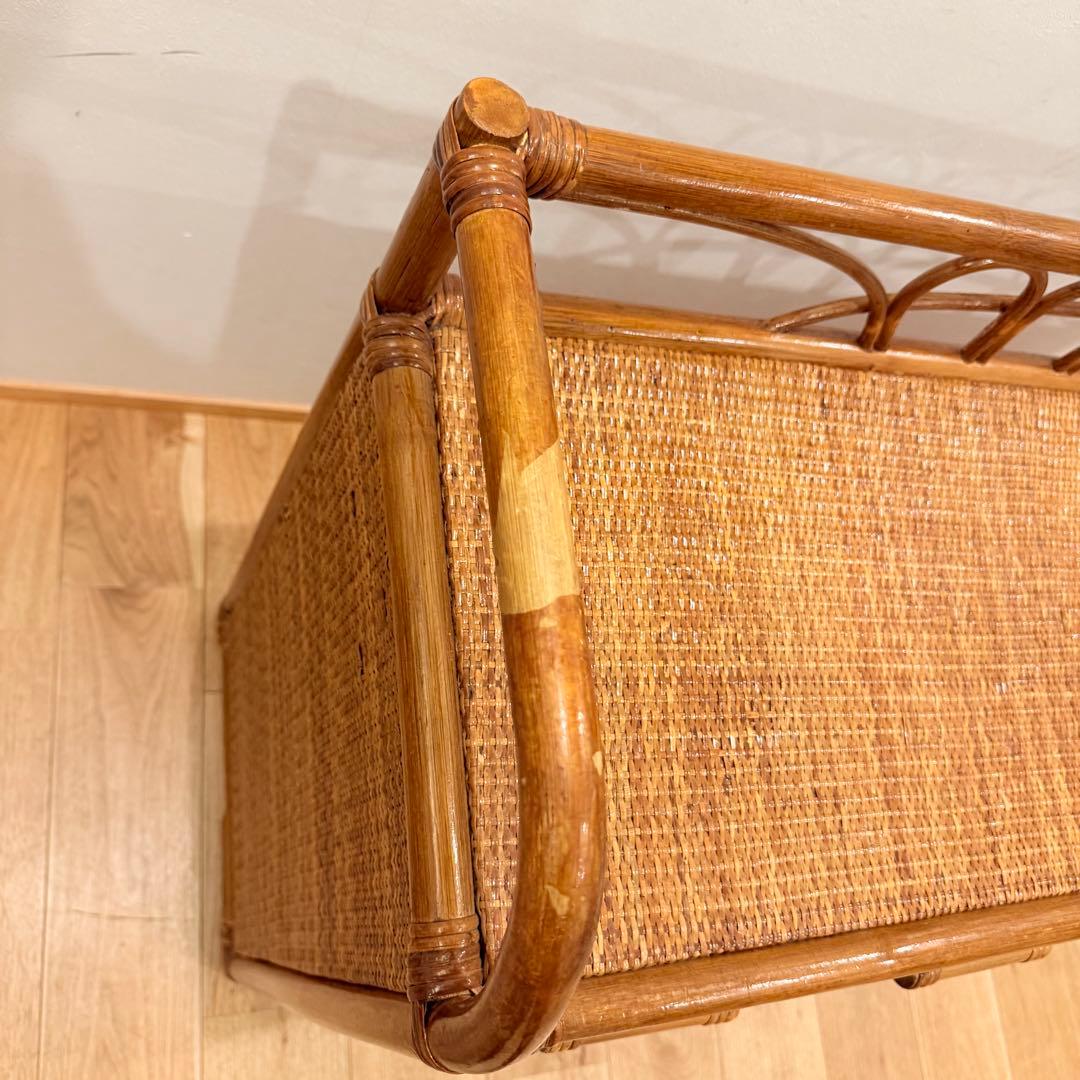 アンティーク ラタン 籐 ワイド ローチェスト 棚 10杯 テレビ台 昭和レトロ