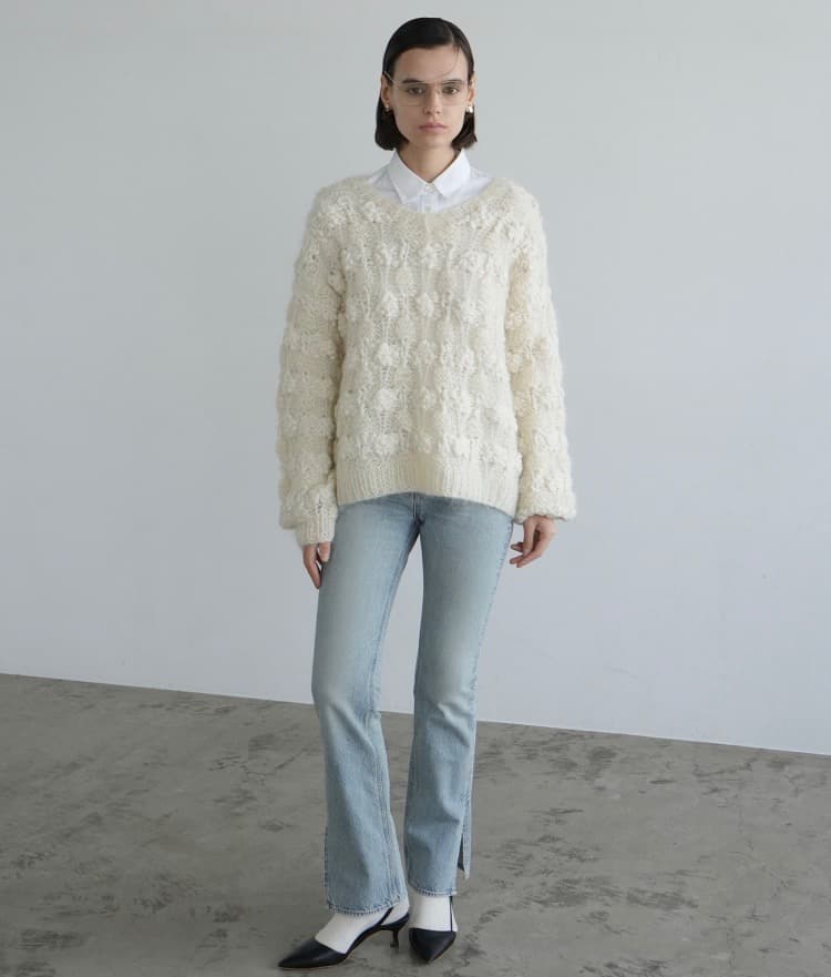 ★CLANE人気BUMPY OVER V NECK KNIT TOPS★白★新品