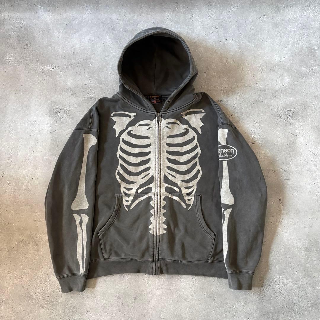 VANSON バンソン スカルボーン ジップパーカー ヴィンテージ加工 スミ黒