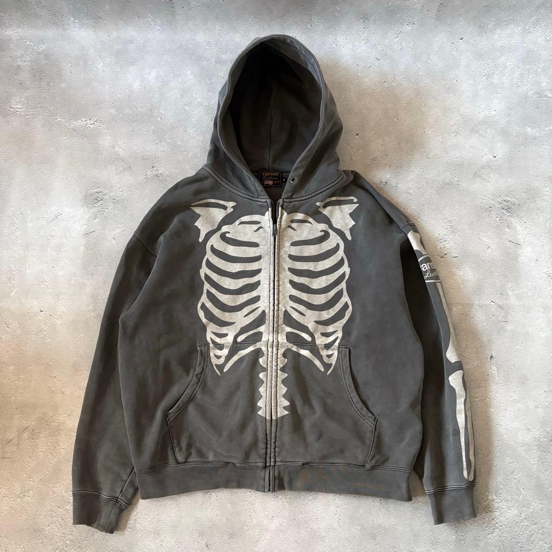 VANSON バンソン スカルボーン ジップパーカー ヴィンテージ加工 スミ黒