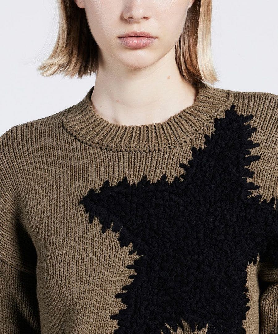 ダブルスタンダード スターモチーフニットセーター カーキ