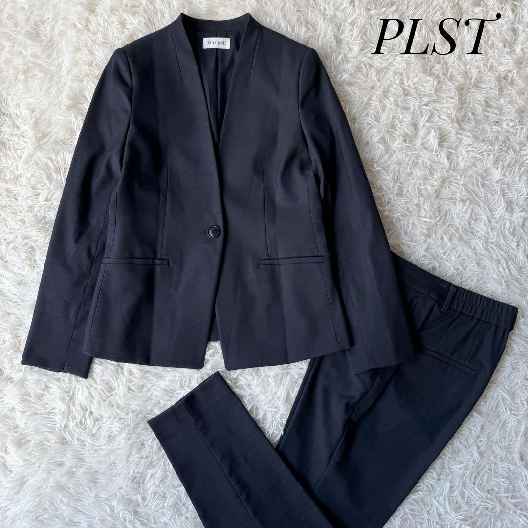 リネン混⭐︎PLST プラステ セットアップスーツ ノーカラー ネイビー 洗濯可M