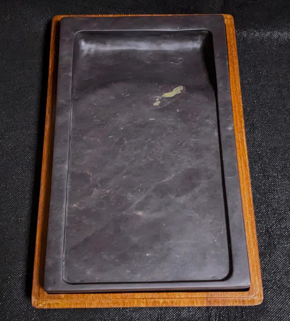 【端渓硯　大型十吋】◆青花・翡翠紋・魚脳凍などの紫黒美石◆唐木共箱◆斧柯山