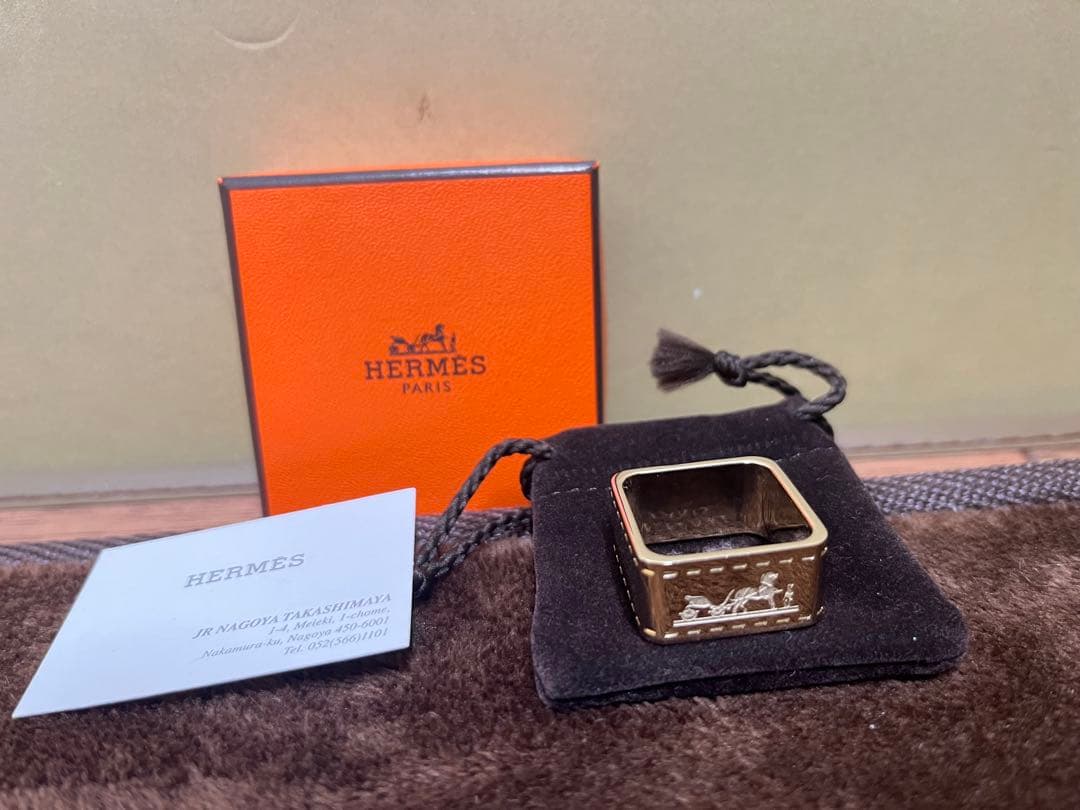 未使用保管品　エルメス ボルデュック スカーフリング ゴールド 馬車柄 スクエア