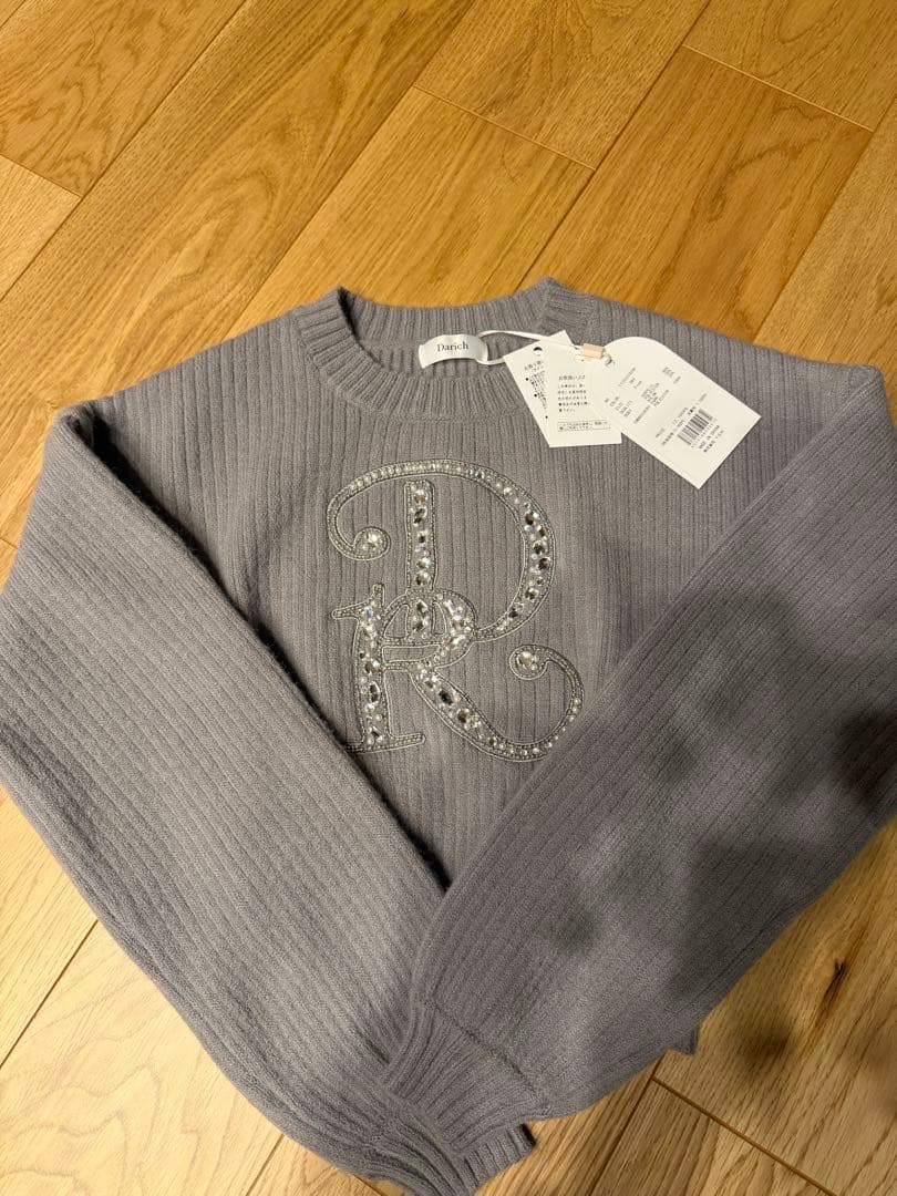 ダーリッチ DRビジューボリュームリブニットトップ グレー