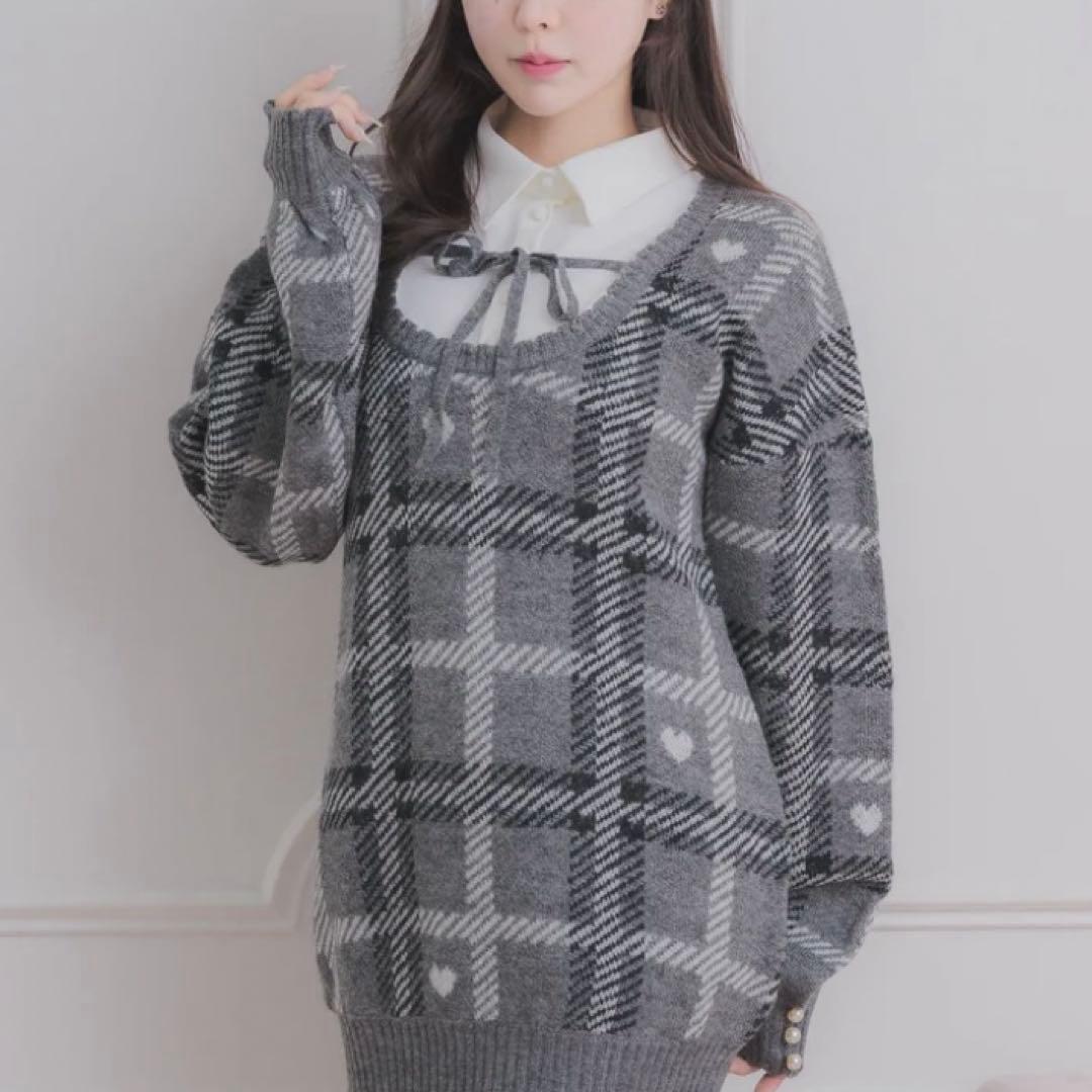 pium ピウム ハートチェックレイヤードニットワンピース
