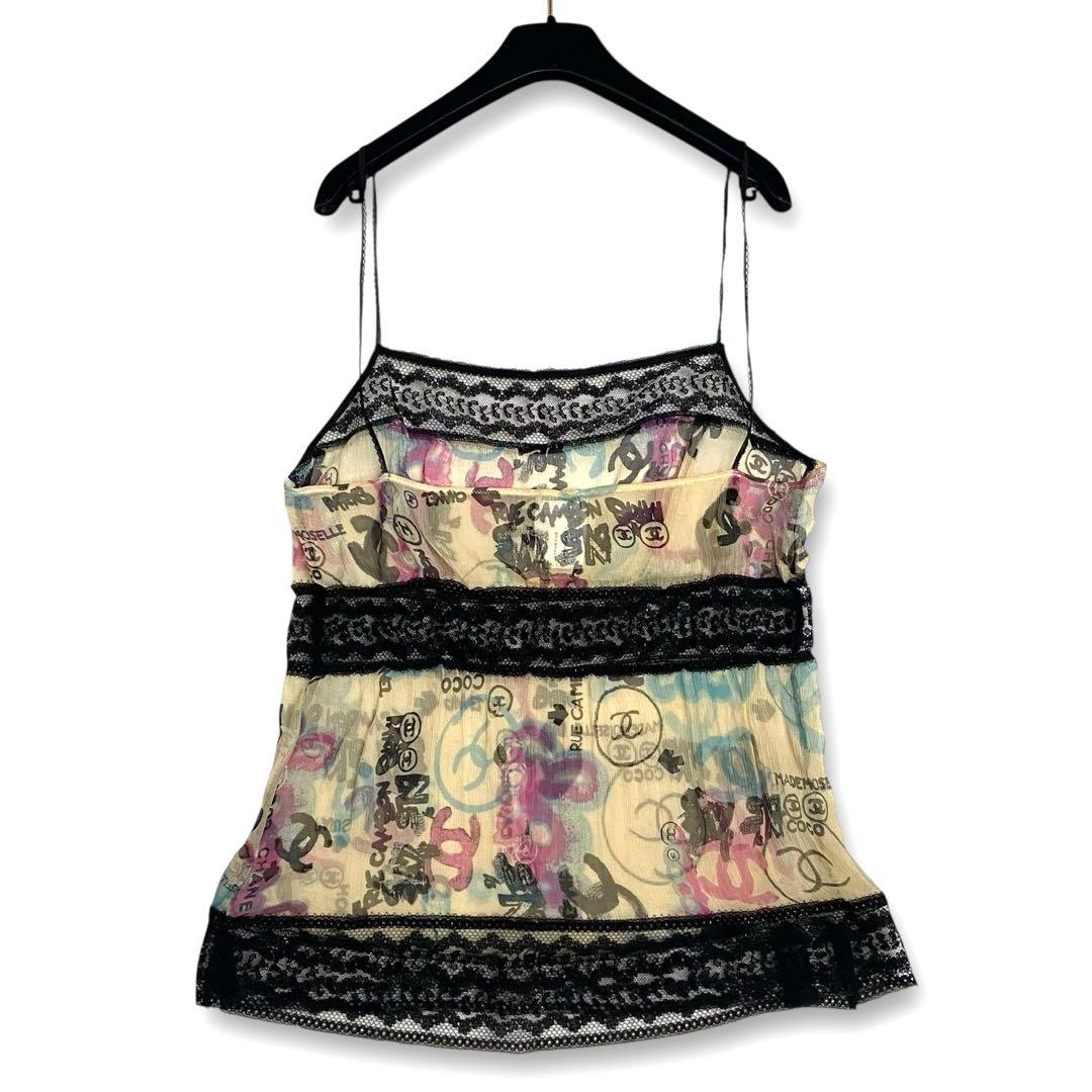 希少★シャネル 07C シルク100%キャミソール ココマーク プリント レース