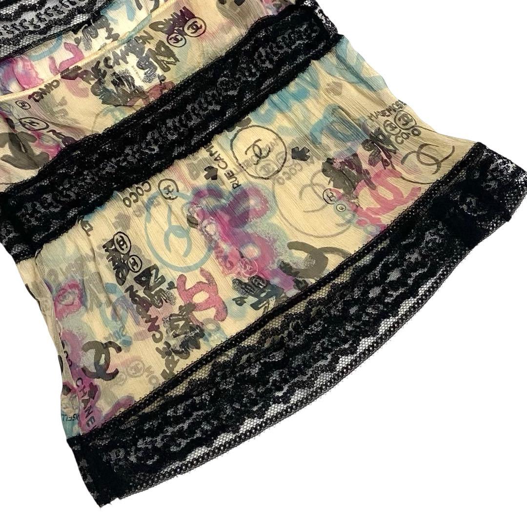 希少★シャネル 07C シルク100%キャミソール ココマーク プリント レース