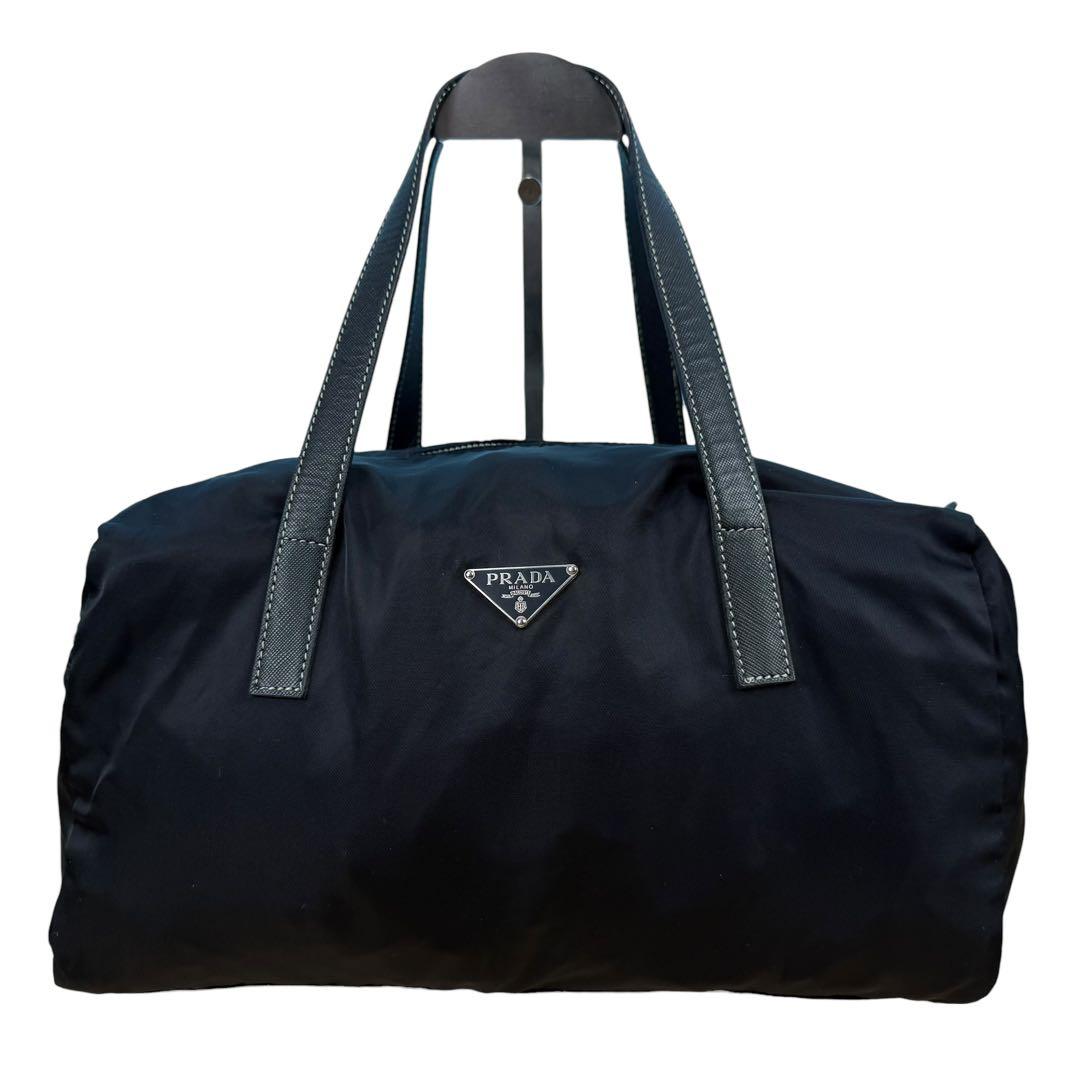【美品】PRADA プラダ ミニボストン ナイロン サフィアーノ 三角ロゴ 黒