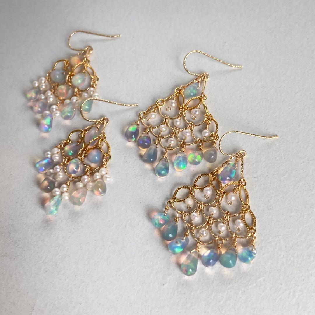 14kgf カラーオパールと淡水パールのシャンデリアピアス