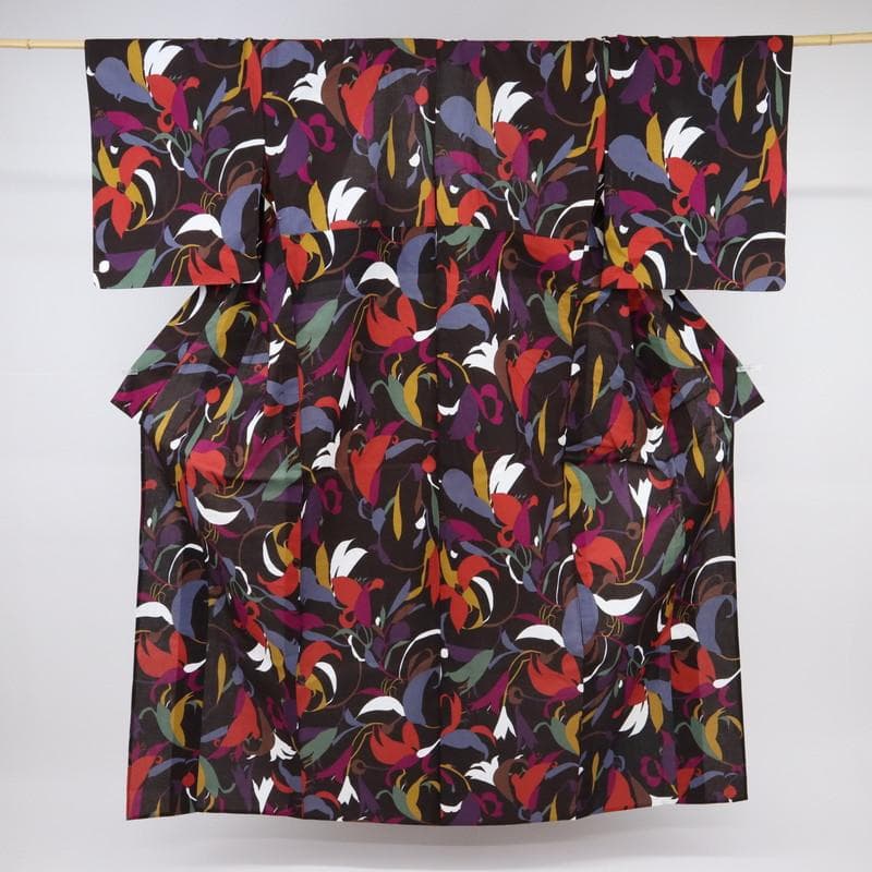 《Miyu★長尺■上質『浴衣』鮮やか花模様モダンアート◆濃黒茶UC9-2》