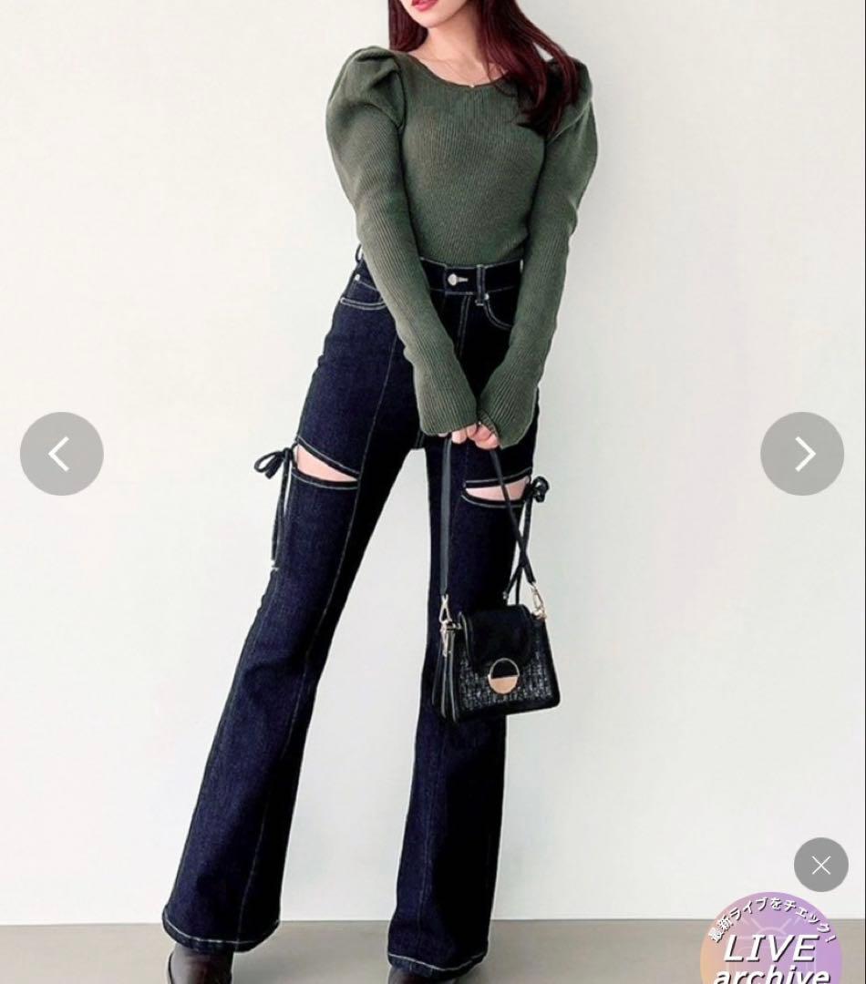 【新品】RESEXXYリゼクシーカットアウトリボンデニムパンツXSインディゴ