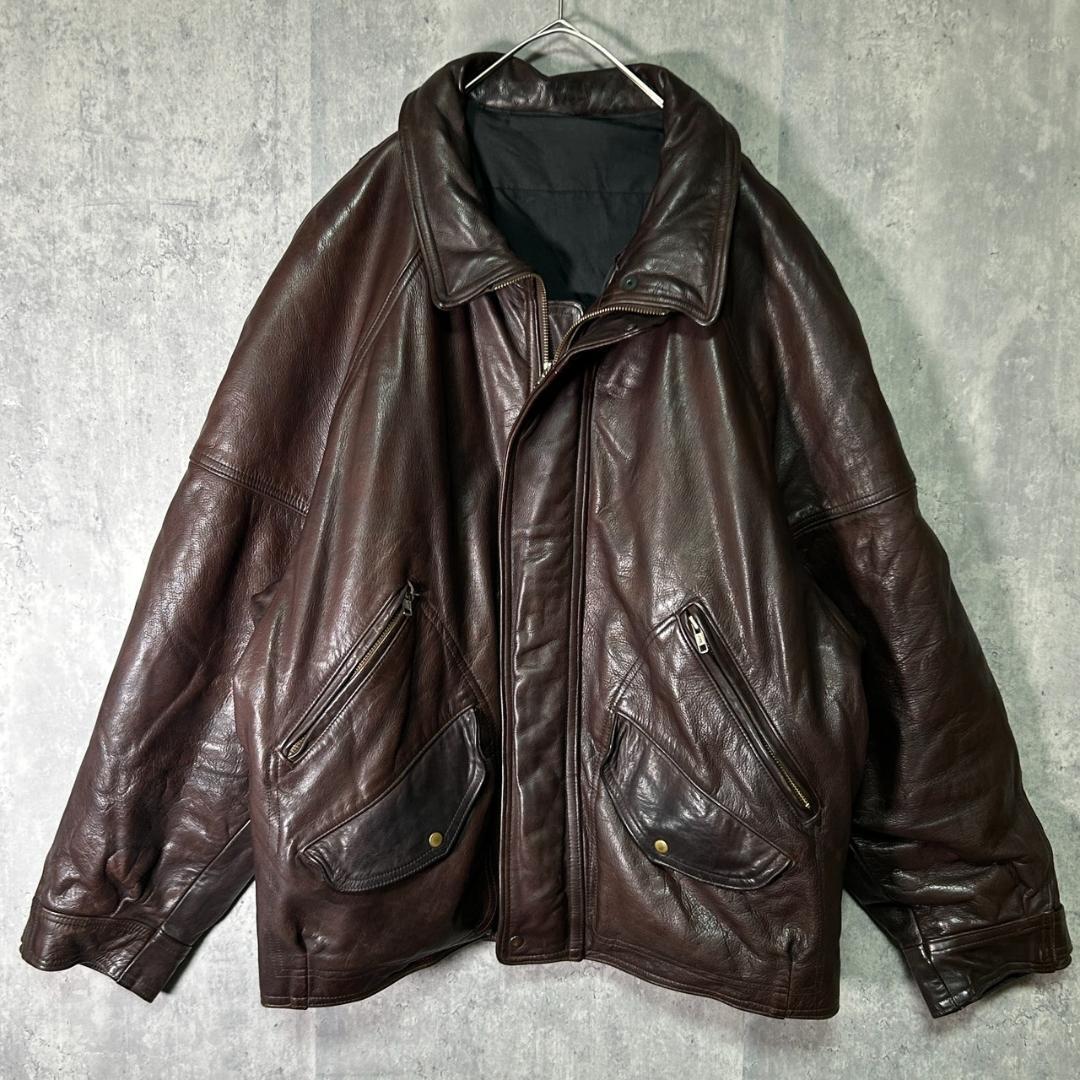 極上 ヘビーウェイト レザー ジャケット 濃茶 ヴィンテージ 本革 肩パッドなし